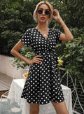 Women's Polka Dot V-Neck Lace-Up A-Line Mini Dress