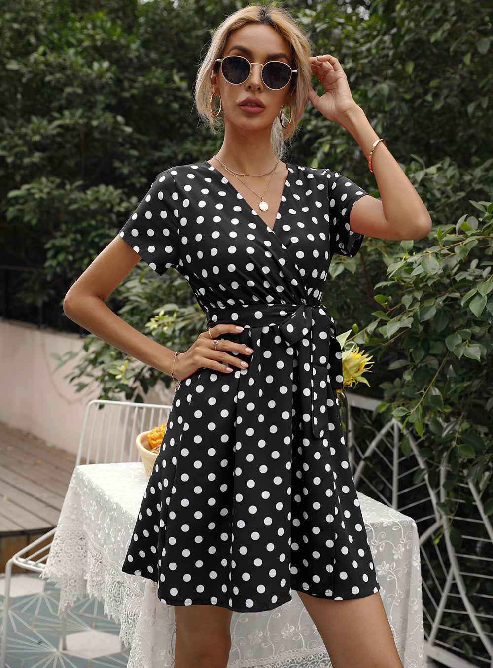 Women's Polka Dot V-Neck Lace-Up A-Line Mini Dress