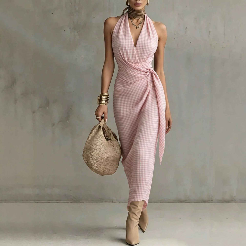 V-neck Plaid Sleeveless Maxi Dress