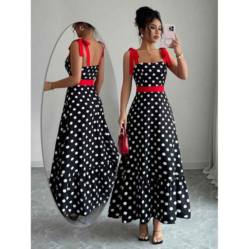 Women's Polka Dot Sleeveless A-Line Maxi Dress — Bow Detail & Color Block