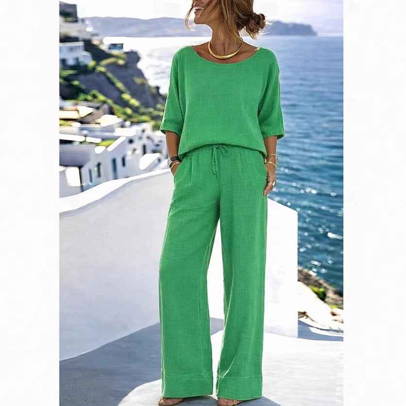 Knitted Short-Sleeve Top & Wide-Leg Pants Bohemian Resort Two-Piece Set