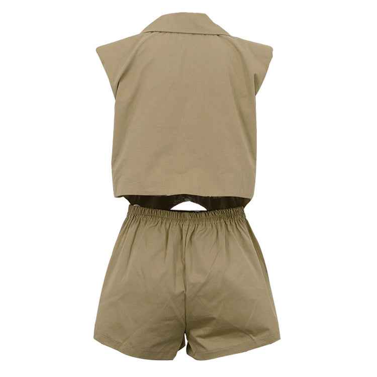 Khaki Oversized Sleeveless Blazer & Shorts Co-ord Set