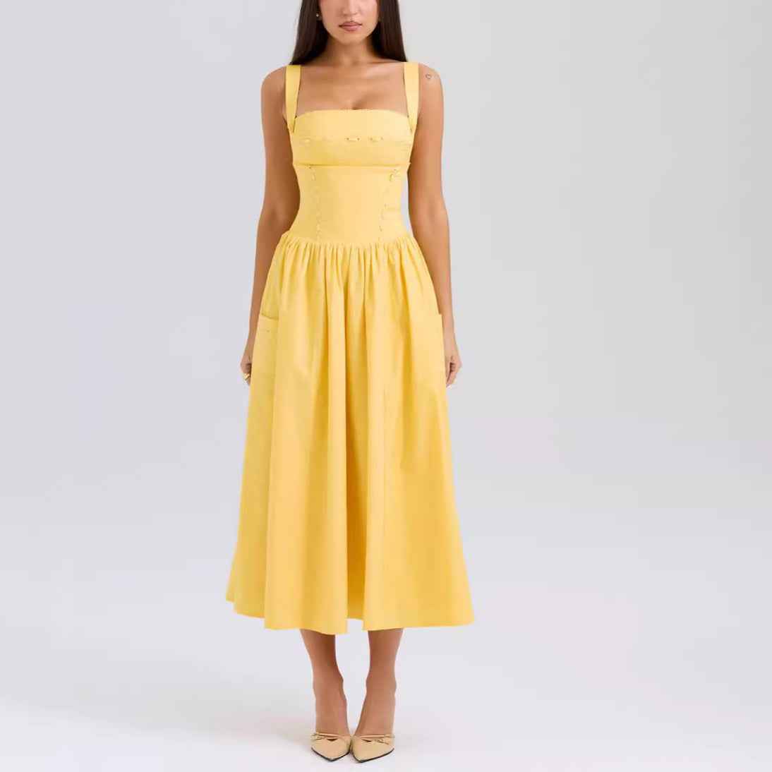 Women's Yellow Strapless Pleated Maxi Dress — A-Line & High Waist
