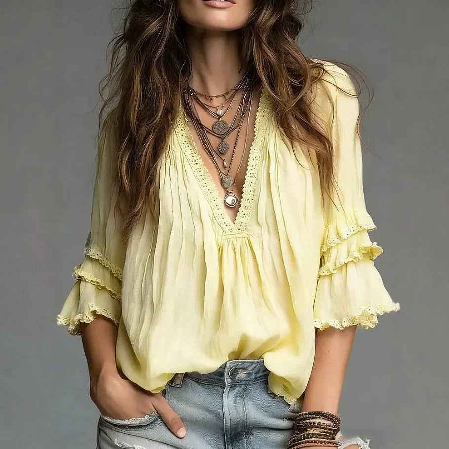 Women's Pleated V-Neck Batwing Sleeve Loose Blouse — 3 Colours