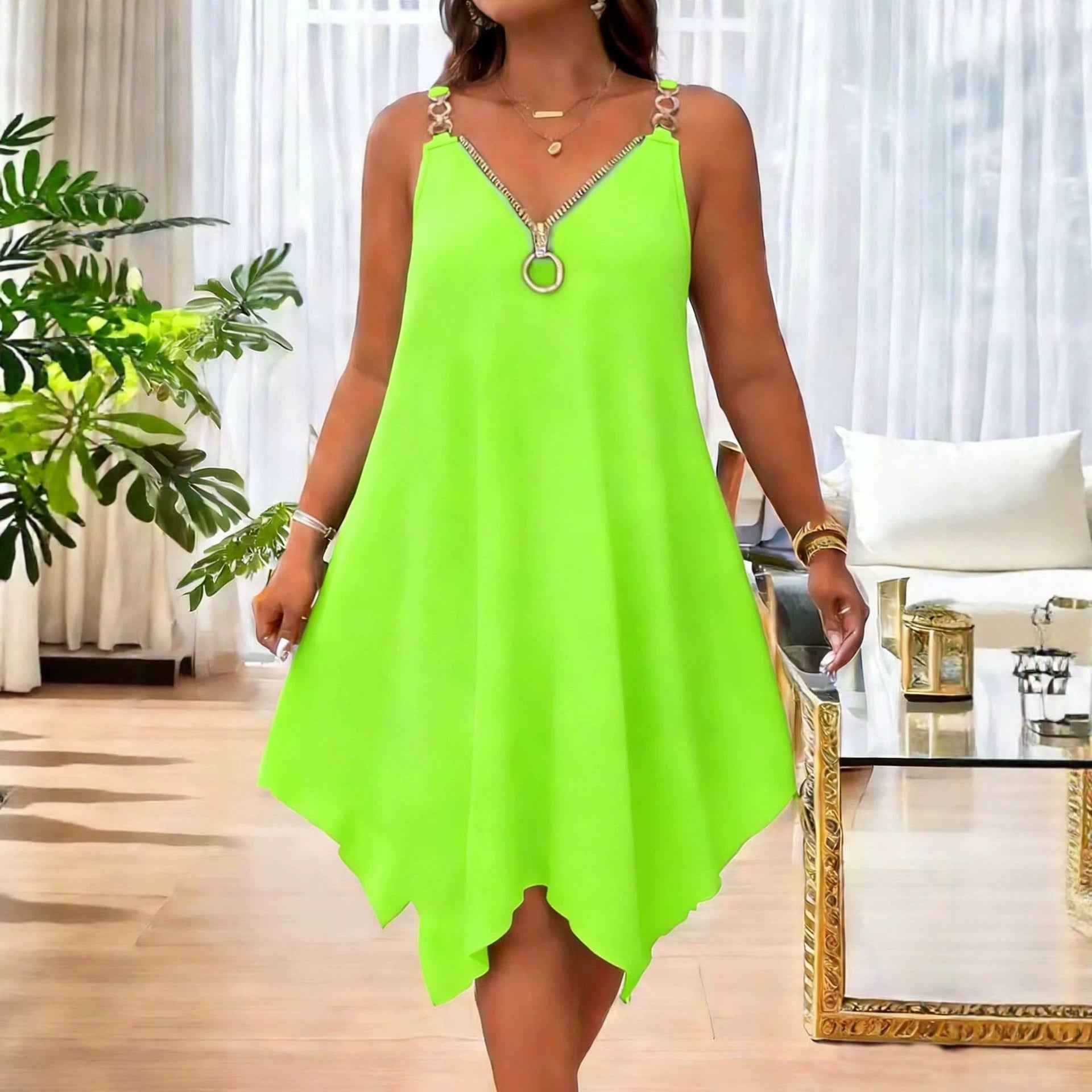 V-Neck Zip-Detail Sleeveless Slip Midi Dress — Relaxed Fit