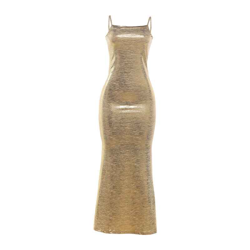 Women's Gold Sleeveless Strap Dress — Slim Fit & High Waist