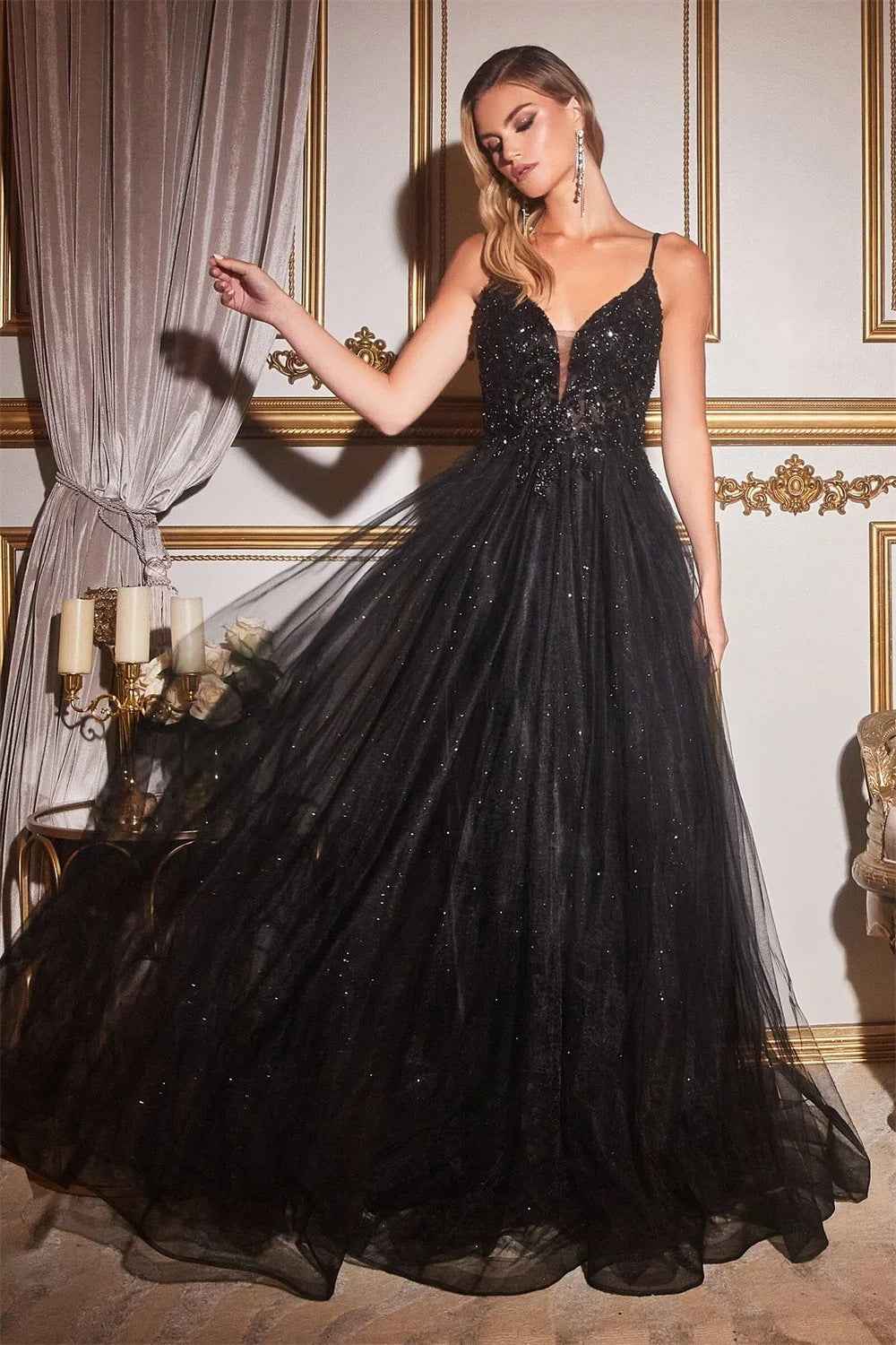 Women's Embroidered Lace Sleeve A-Line Tulle Gown