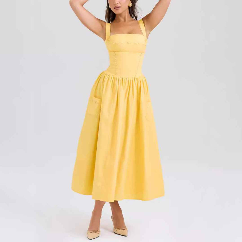 Women's Yellow Strapless Pleated Maxi Dress — A-Line & High Waist