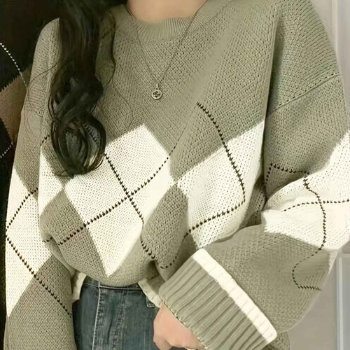 Colour Block Drop Shoulder Knit Sweater | Plus Size Long Sleeve Pullover