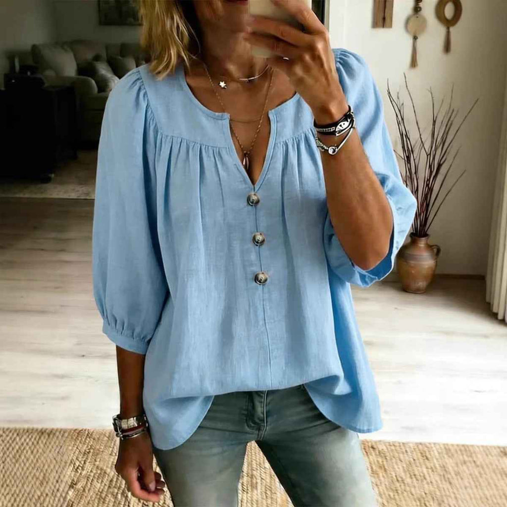 Linen Loose-Fit Buttoned T-Shirt