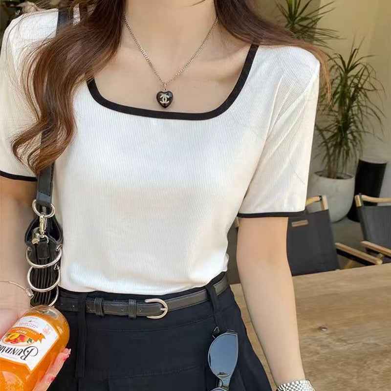 Square-Neck Colour-Block Top – Slim Fit, Ribbed, Short Sleeve