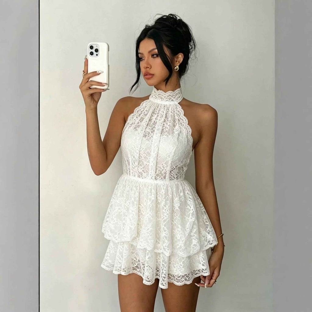 Lace Backless Halter Mini Dress — Black & White