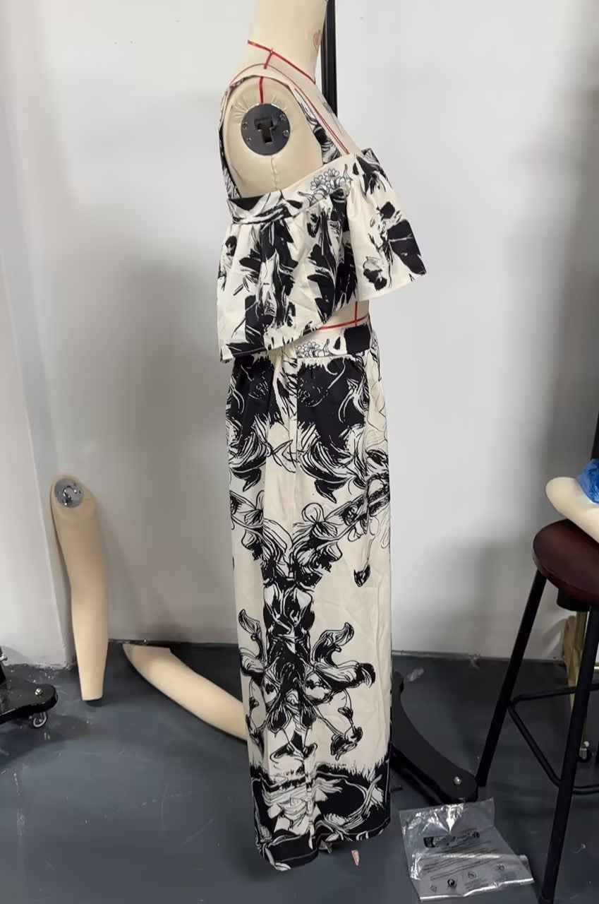 Black & Beige Abstract Floral Print 2-Piece Crop Top & Wide Leg Pants Set