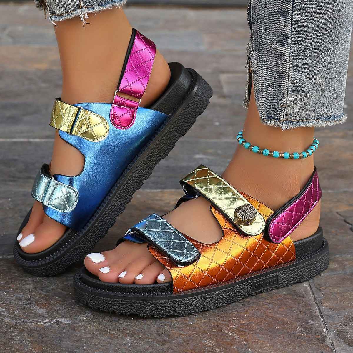 Women's Platform Beach Sandals – Velcro Strap Thick Sole in Green & Yellow EU 35–43