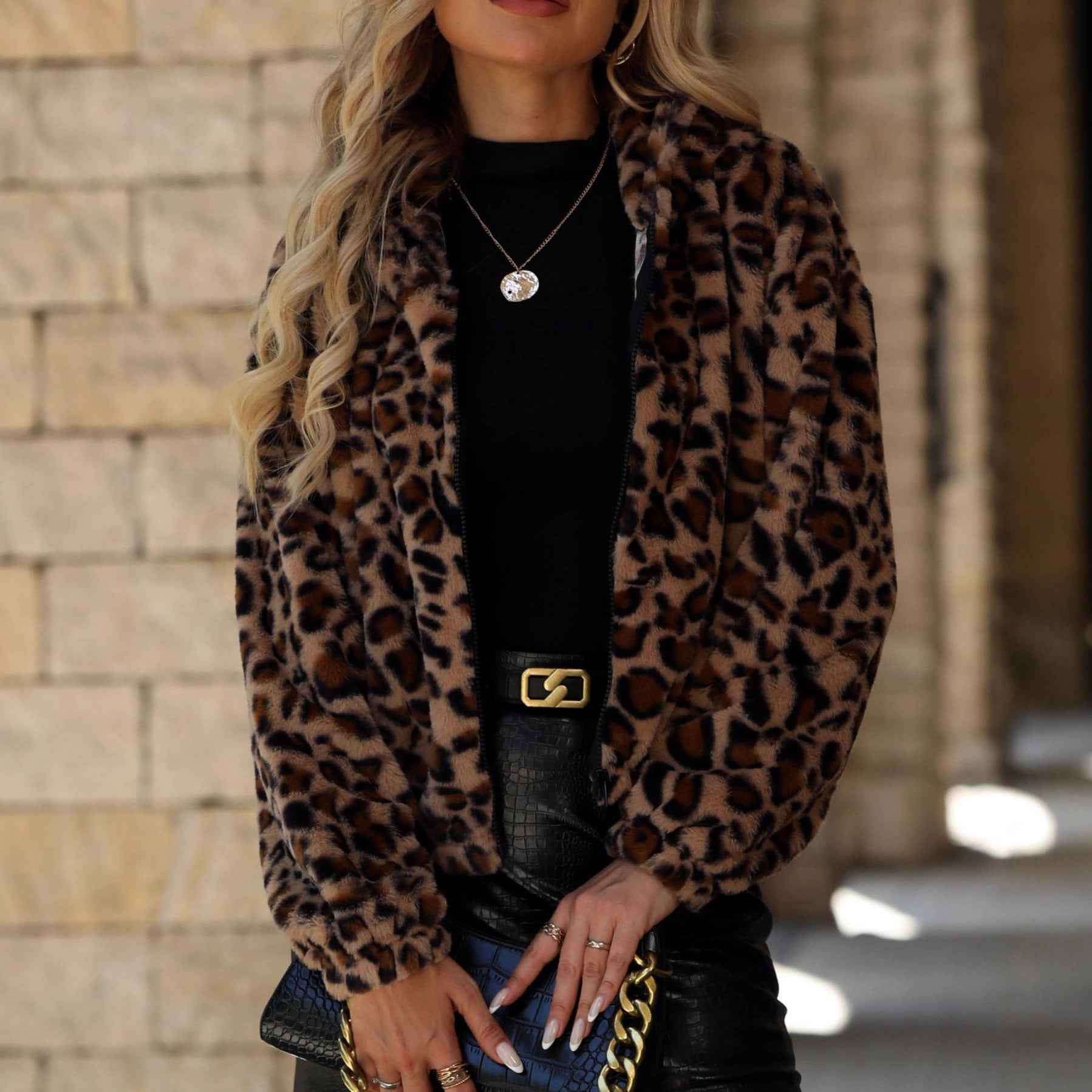 Women's Leopard Print Plush Zip-Up Jacket — Cropped Relaxed Fit