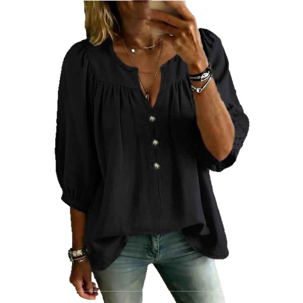 Linen Loose-Fit Buttoned T-Shirt