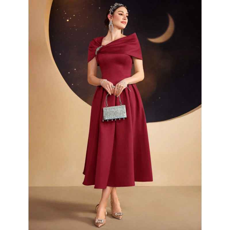 Asymmetric Diamond-Embellished Short-Sleeve Dress — Slim Fit, Elegant