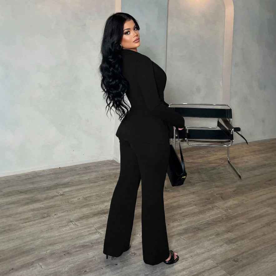 Cropped-Waist Three-Piece Suit Set – Long Sleeve Work Outfit