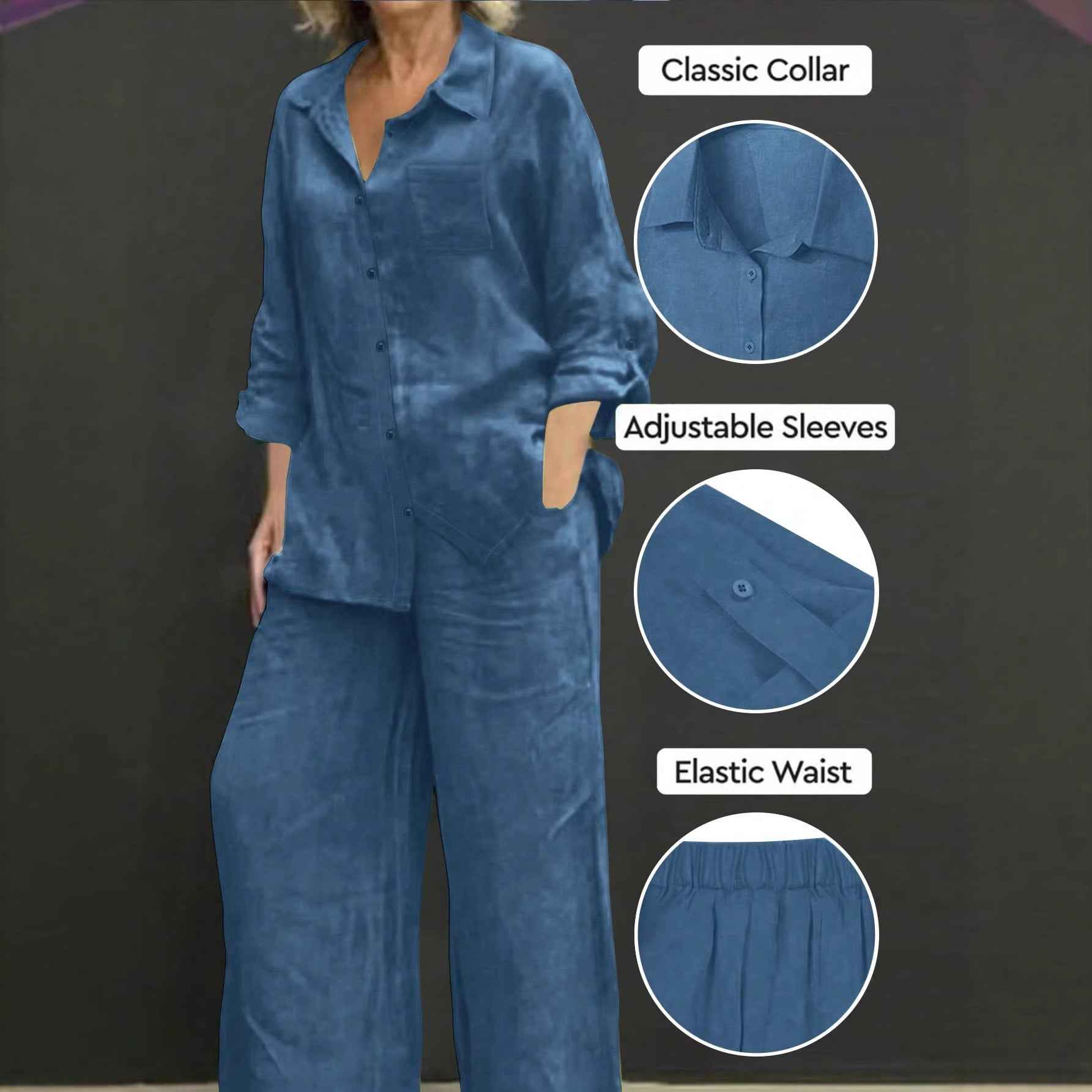 Reversible Long-sleeve Shirt Elastic-waist Trousers Solid-color Set
