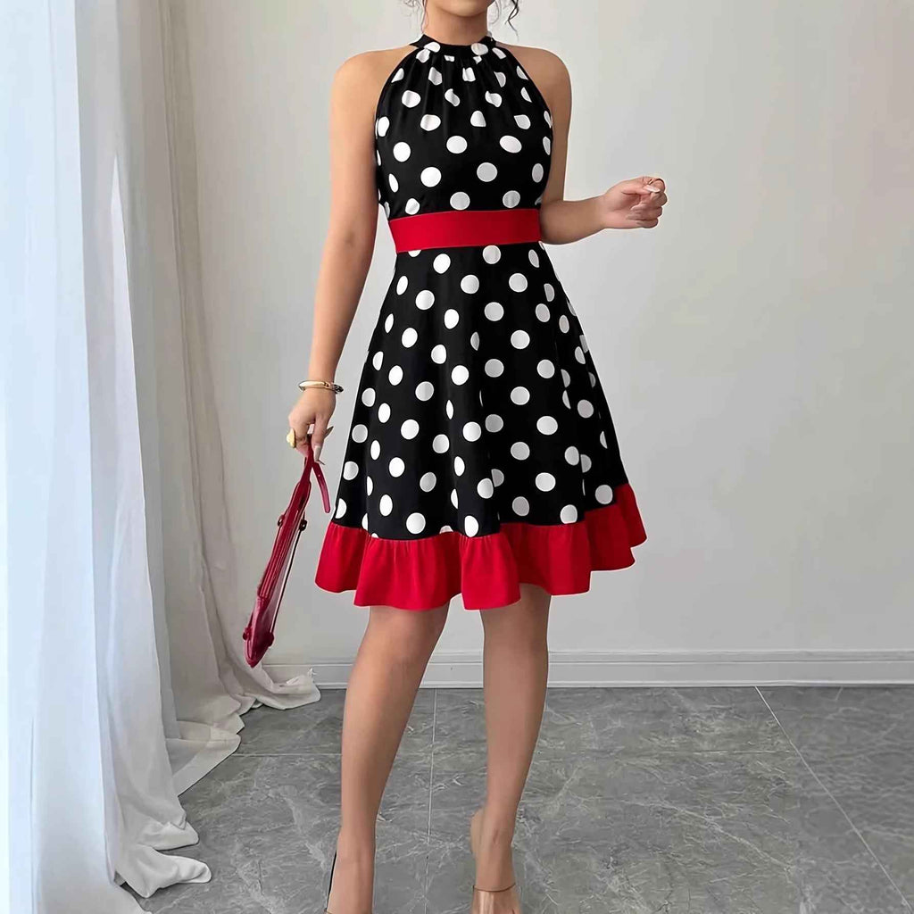 Polka-Dot Colour-Block A-Line Maxi Dress — Bow-Tie High-Waist