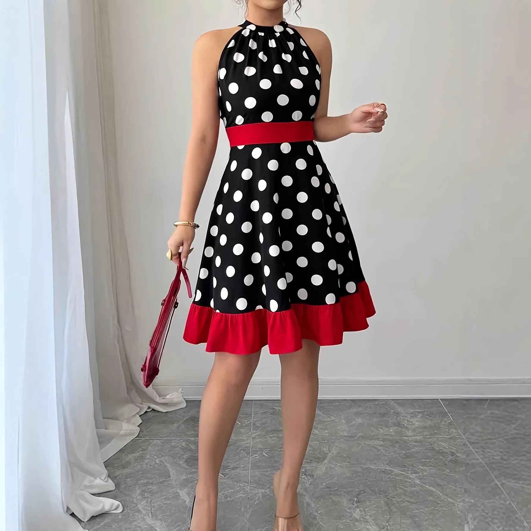 Polka-Dot Colour-Block A-Line Maxi Dress — Bow-Tie High-Waist