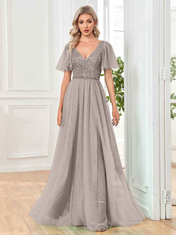Womens Sexy V-neck Short-sleeve Long Dress