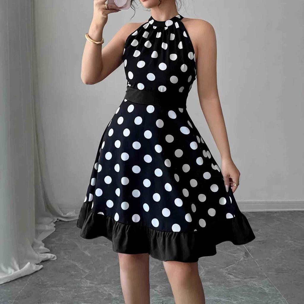 Polka-Dot Colour-Block A-Line Maxi Dress — Bow-Tie High-Waist