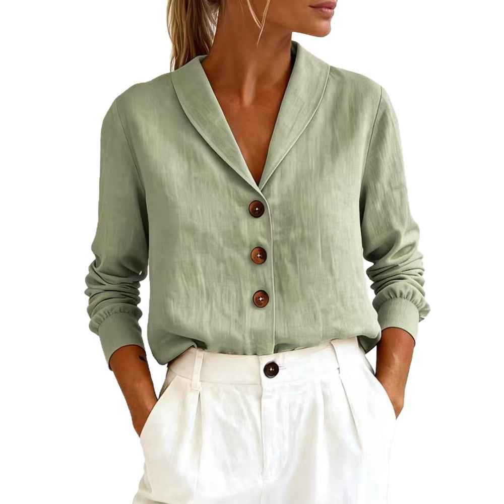 Solid Colour Cotton Long-Sleeve Collar Button-Up Shirt