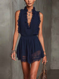 Sleeveless Lace-Panel Mini Dress — High-Waist Navy Blue