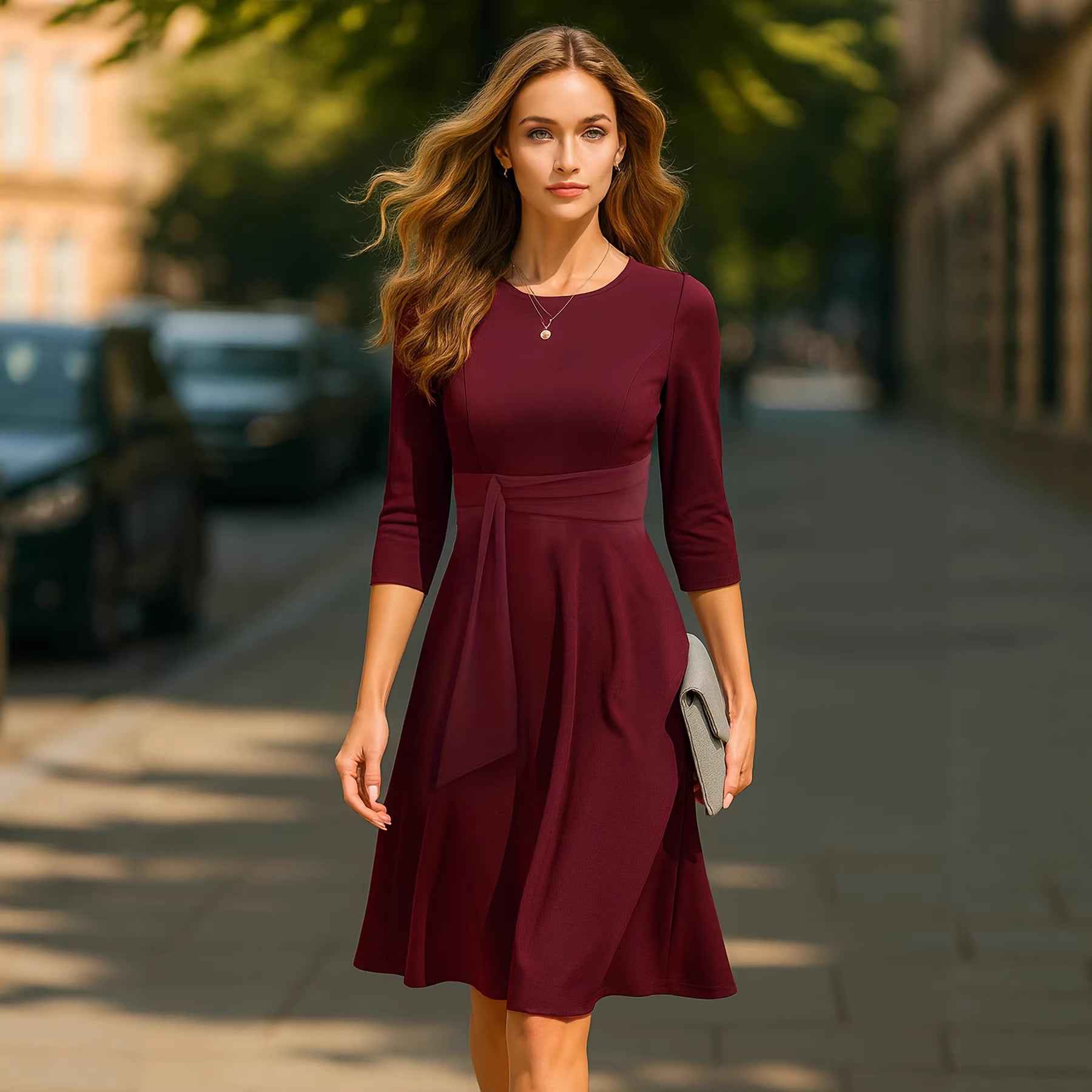 Solid Color Round Neck Three-quarters Sleeved Wine Red A-line Skirt