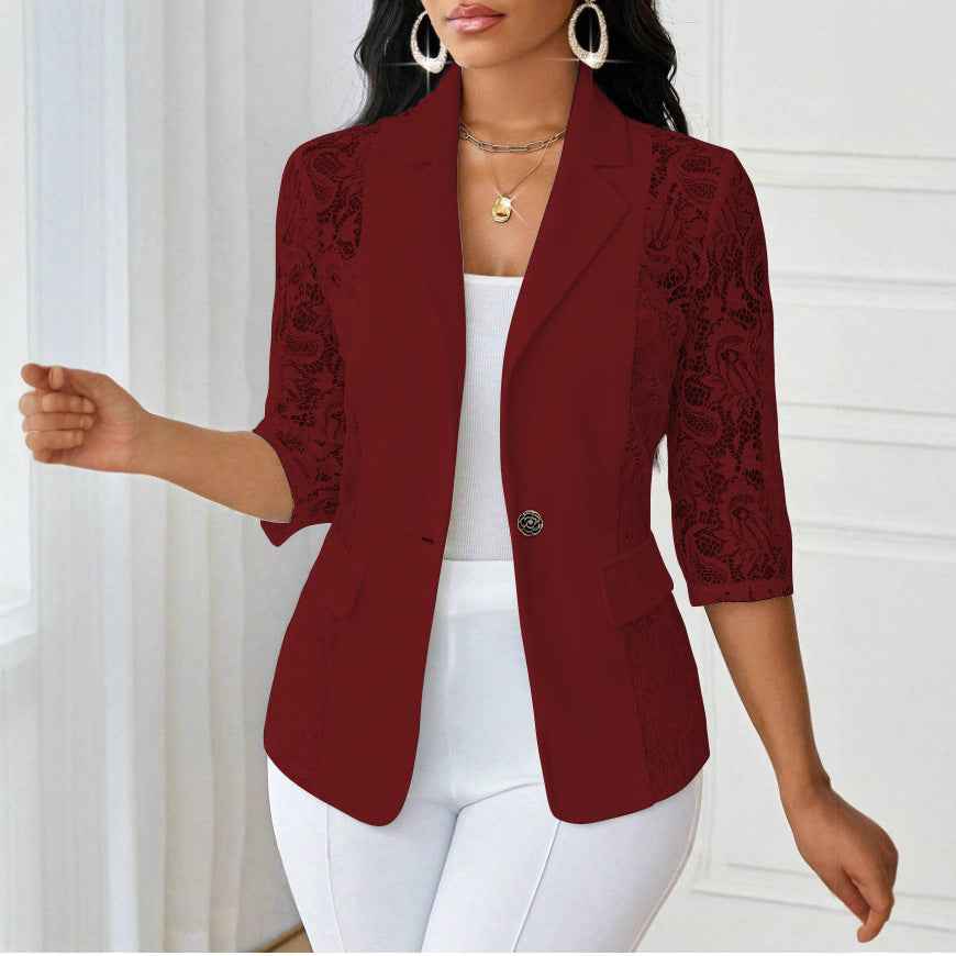 Women's Chiffon Blazer Top – Three-Quarter Sleeve Button Detail