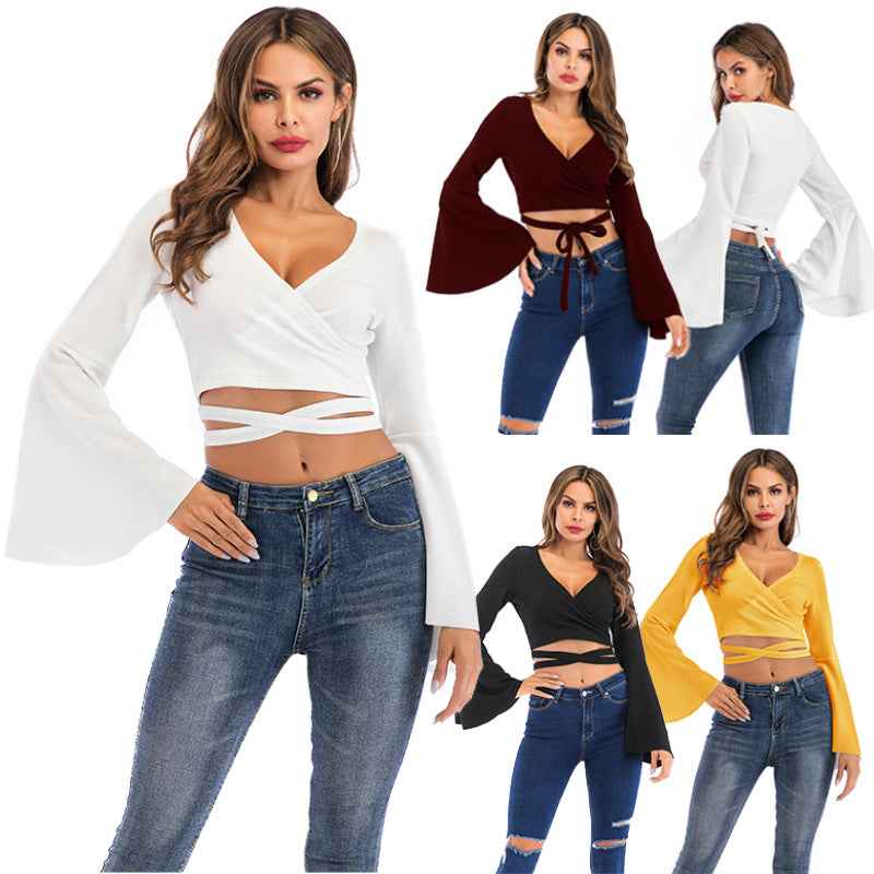 Lace-Up Midriff Top with Bell Cuffs — Slim Fit, 4 Colours, S–XL