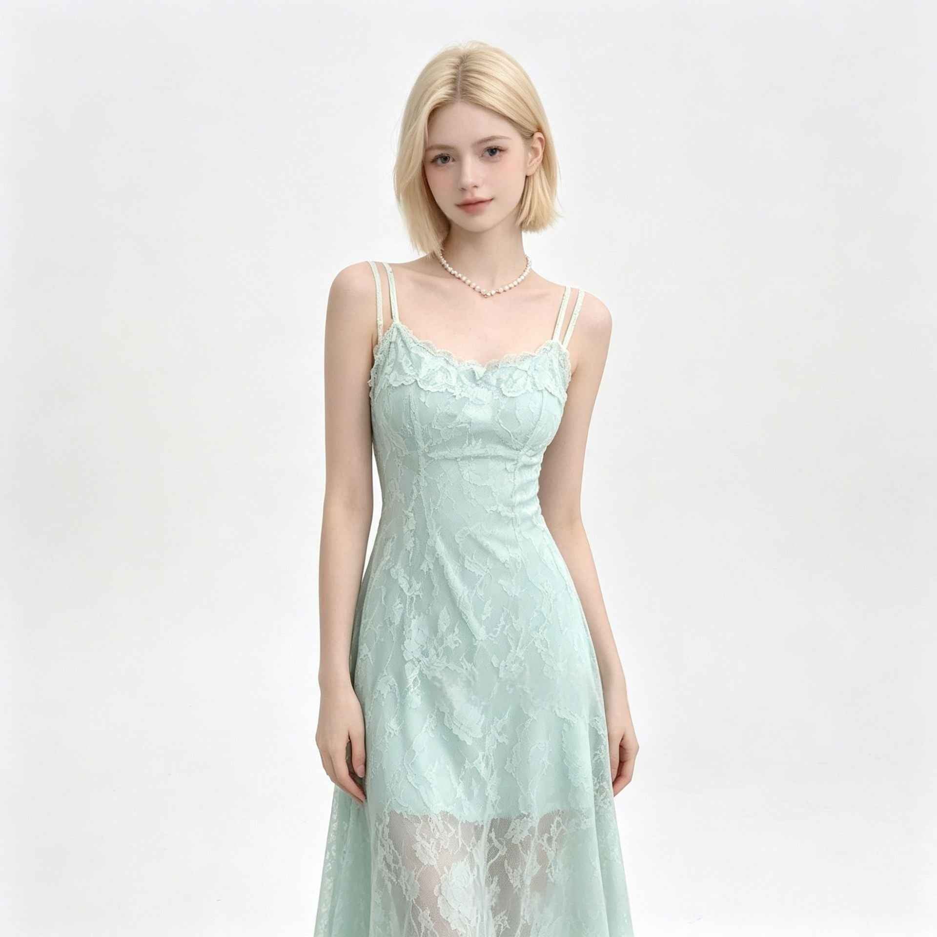 Jacquard Mesh Spaghetti-Strap Slim-Fit Maxi Slip Dress