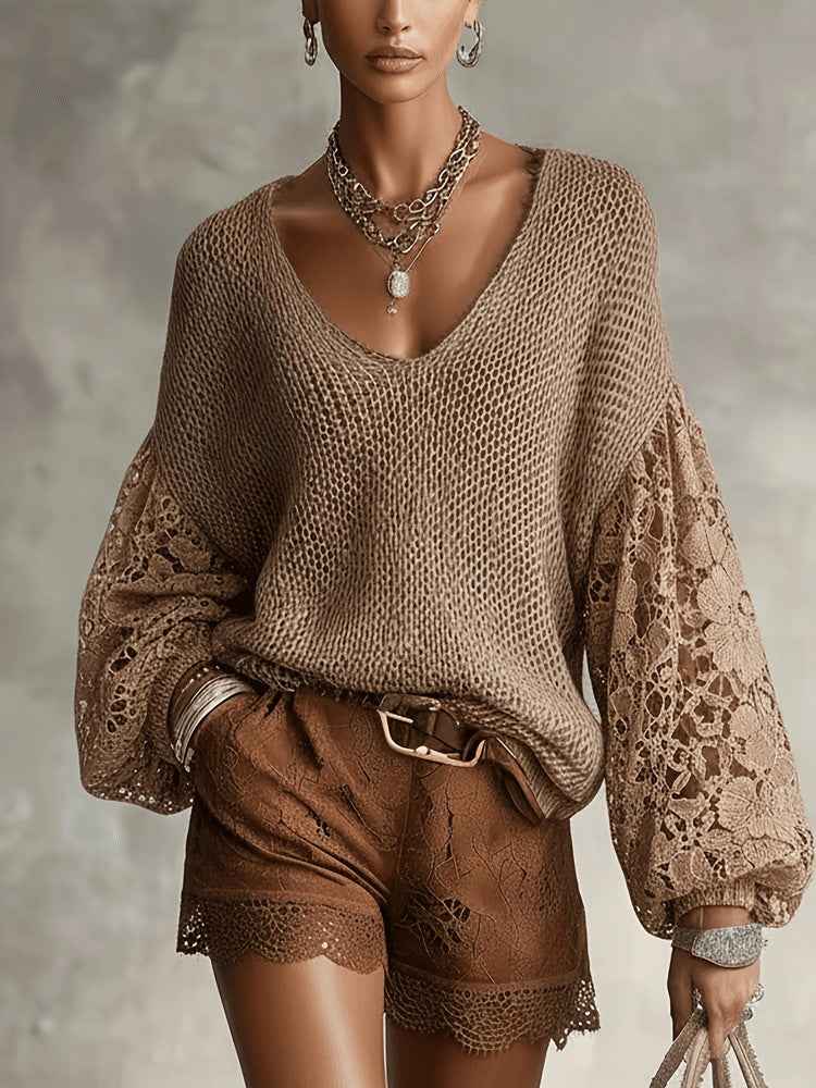 Lace Hollow-Out Knit Sweater | Puff Sleeve V-Neck Pullover