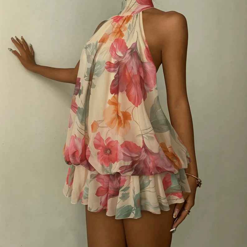 Halter-neck Ruffle Sleeveless Tiered Dress