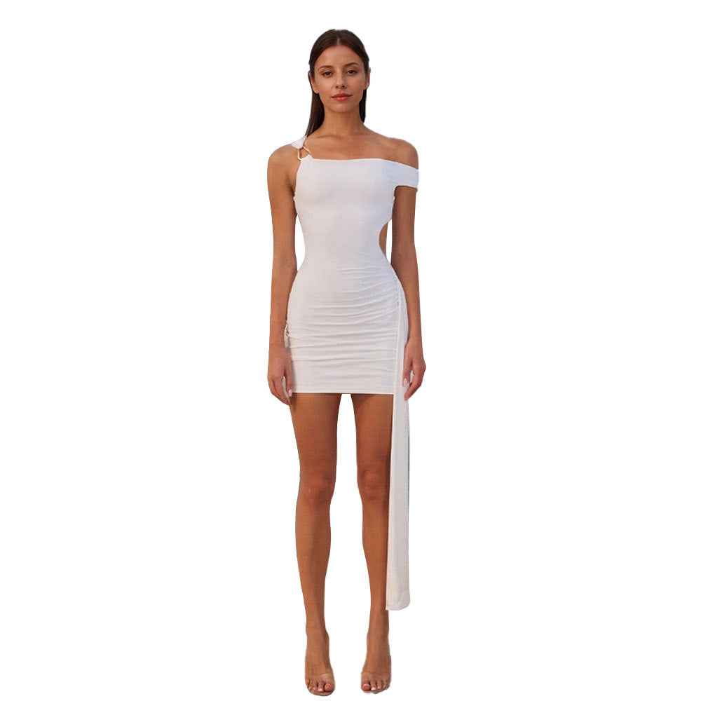 Women's Off-Shoulder Bodycon Mini Dress with Metal Detail — White, S–XL