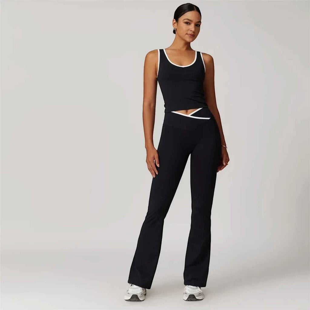 Womens Contrasting-Color Cross-Crotch Flare Pants Nude-Feel Yoga Two-Piece Set