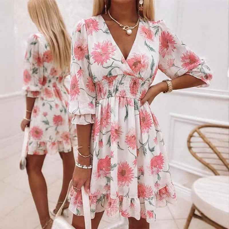 A-line Casual Chiffon Dress With A Fitted Waist And Ruffled Hem
