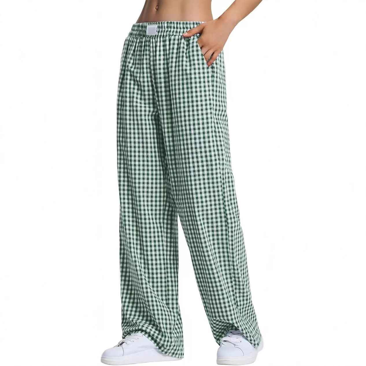 Women's Plaid Elastic-Waist Full-Length Lounge Trousers