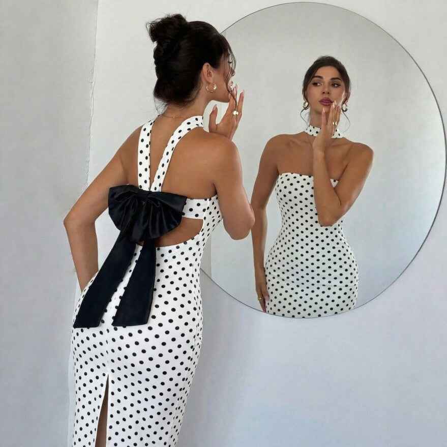 Polka Dot Strapless Bow-Back Midi Dress