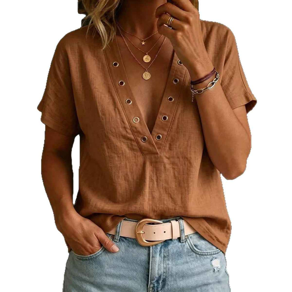 V-Neck Slub Linen Short-Sleeve Shirt — 5 Colours