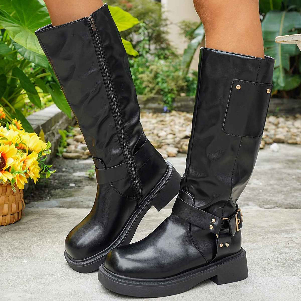 Chunky Heel High-Top Boots — Belt Buckle, Side Zip, British Style