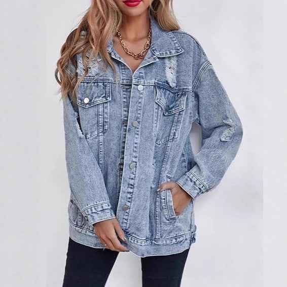 Fashionable Loose-fit Distressed Denim Jacket