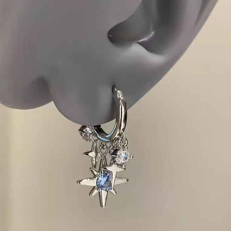 Sweet & Cool Style Blue Sparkling Rhinestone Eight-Pointed Star Drop Earrings For Women, Fashion Versatile Elegant Star Pendant Huggie Ear Jewelry
