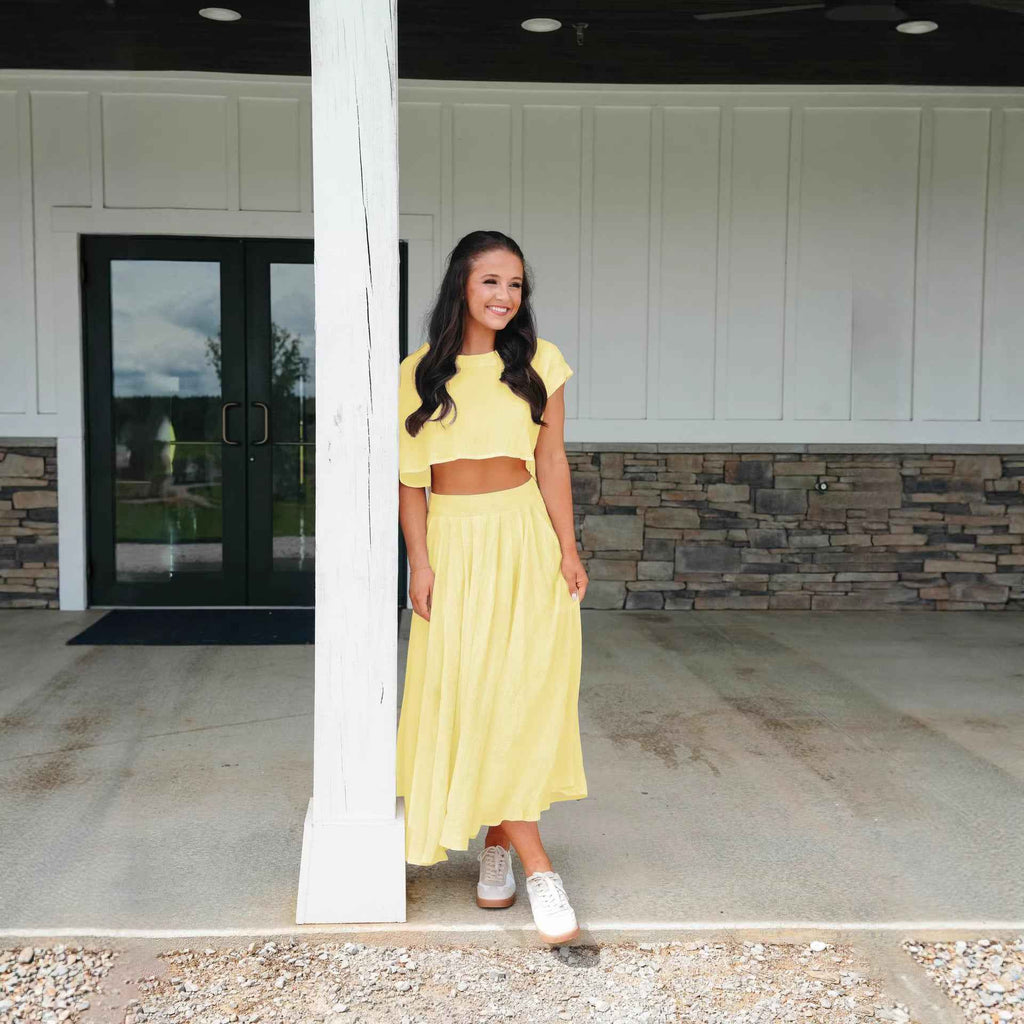 Cropped Top & Pleated Midi Skirt Two-Piece Set
