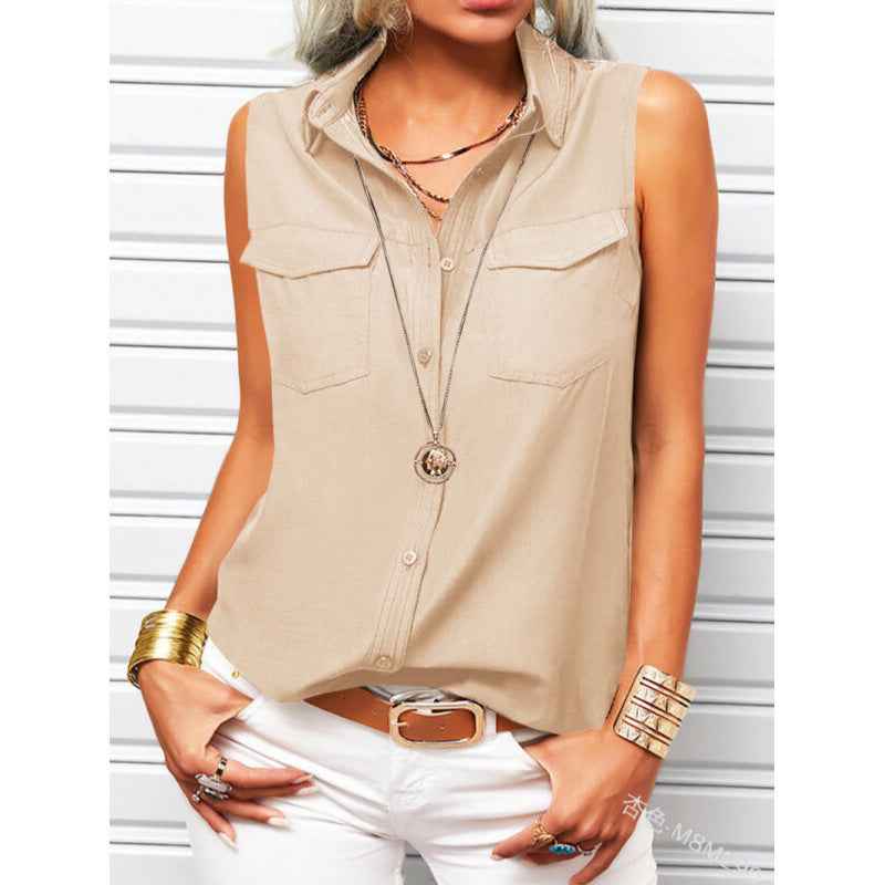 Sleeveless Lapel Blouse with Pockets – Loose Fit