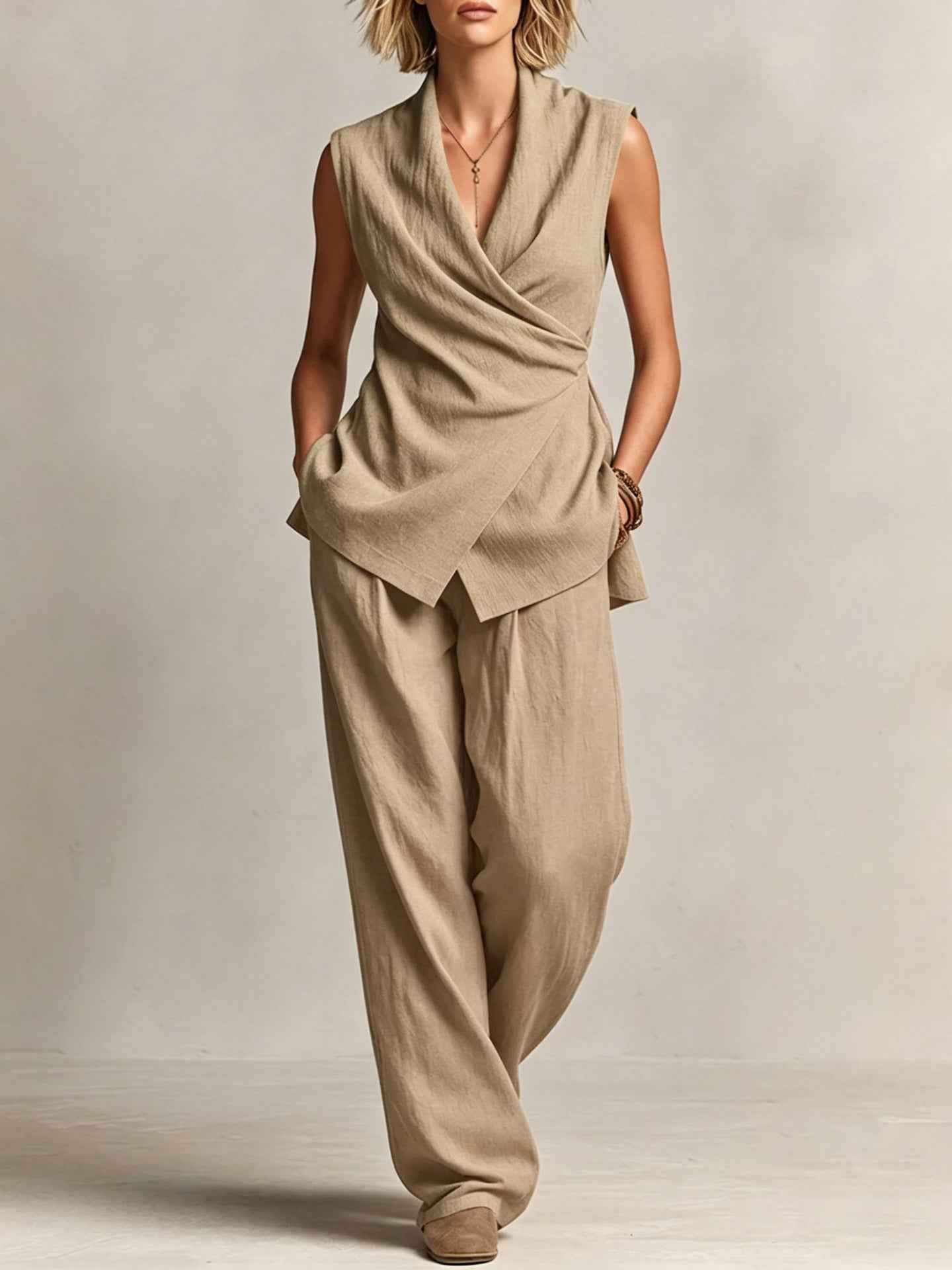 Womens V-neck Sleeveless Top And Wide-leg Pants Set
