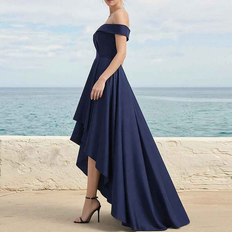 Womens Solid-Color Irregular French-Style Flowy Long Dress
