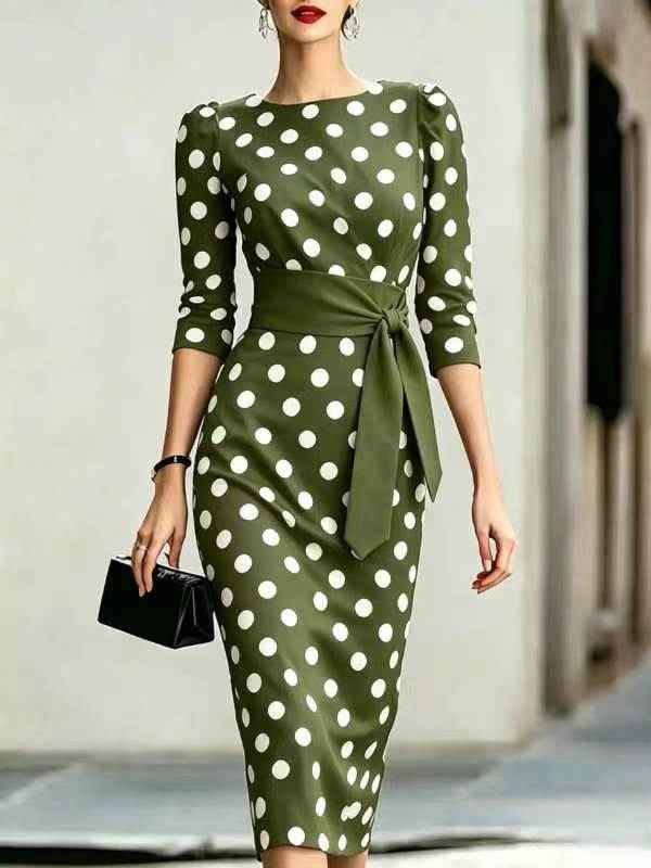 Polka Dot Cross-Tie Knit Bodycon Midi Dress