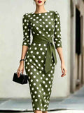 Polka Dot Cross-Tie Knit Bodycon Midi Dress